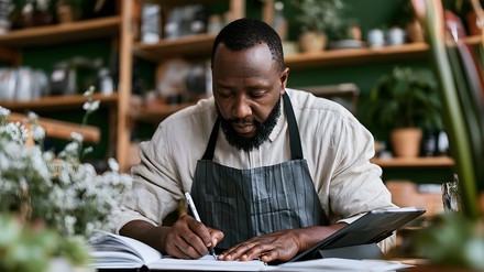 Minijob-Zentrale Mann sitz am Tisch und muss sich mit Bürokratie herumschlagen