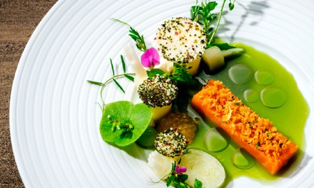 Lachs an klarer grüner Sauce schön angerichtet Lachs an klarer grüner Sauce schön angerichtet