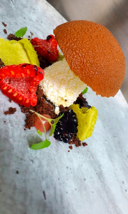 Desserkunstwerk mit einem Dessertpilz Desserkunstwerk mit einem Dessertpilz