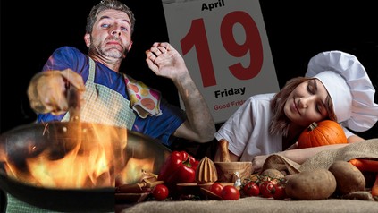 Koch bei der Arbeit und Köchin beim Ausruhen am Karfreitag