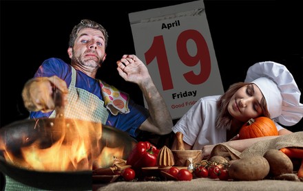 Koch bei der Arbeit und Köchin beim Ausruhen am Karfreitag