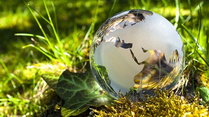 Eine Erdkugel, die in einer Wiese liegt