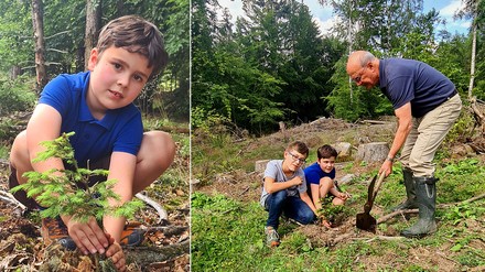 Kinder und Opa pflanzen Bäume