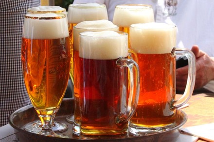 Bierkrüge auf Servierteller