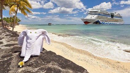 Ein zu einem Elefanten gefaltetes Handtuch vor einem Strand, im Hintergrund ein Kreuzfahrtschiff der AIDA