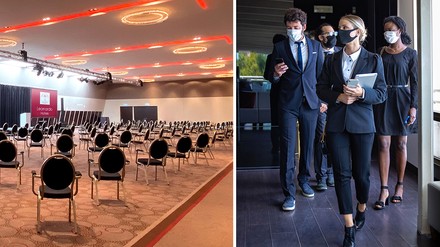 Meetingsraum im Leonardo Hotel München, mehrere Geschäftsleute mit Mund-Nasen-Maske