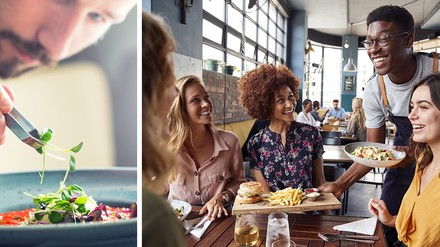 Koch richtet ein Gericht mit einer Pinzette an; ein Kellner serviert Essen