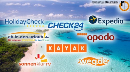 Ein Mittelmeerpanorama, im Vordergrund die Logos von den acht größten Online-Reiseportalen: Holiday Check, ab-in-den-urlaub.de, sonnenklarTV, Weg.de, Kayak, Check24, opodo, Expedia