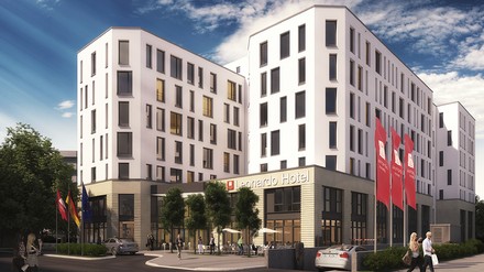 Visualisierung des Leonardo Eschborn Hotels von Aldinger + Wolf.