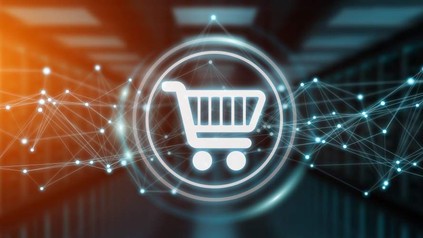 Ein Einkaufswagen-Icon inmitten komplexer Vernetzungen durch feine Linien und Punkte