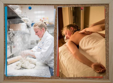 Zwei Fotos zeigen eine junge Frau beim Backen in der Küche und bei einer Rückenmassage