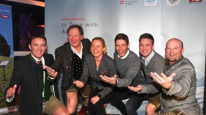 Florian Grösswang, Franz Klammer, Petra Stolba, Benni Rauch, Florian Phleps und Christian Kresse in Pyeongchang