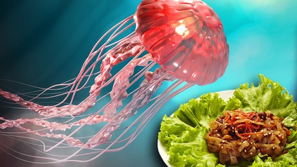 Eine schwimmende Qualle und ein Quallensalat