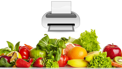Verschiedene Obstsorten und ein Bild von einem Drucker