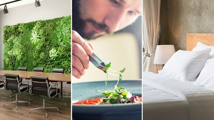 Ein Konferenzraum mit vertical garden, ein Koch richtet eine Speise an, Ausschnitt eines Hotelbettes