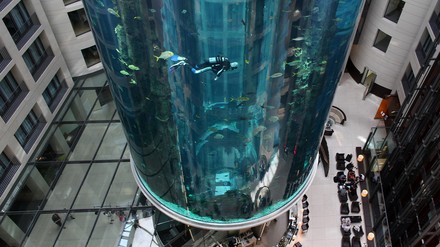 Das Sea Life Aquarium „AquaDom“ im Hotel Radisson Blue in Berlin ist am Morgen des 16. Dezember 22 geplatzt. (Foto: © picture alliance / dpa | Kay Nietfeld)