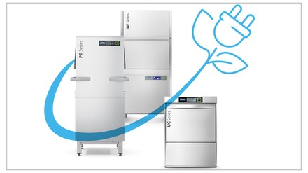 Von links: Haubenspülmaschine der PT-Serie, Gerätespülmaschine der UF-Serie, Untertischspülmaschine der UC-Serie