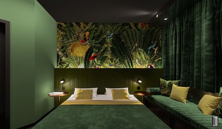 Tapeten mit Palmen, Tieren und exotischen Motiven in der Farbwelt von Blau und Dunkelgrün sind für die Zimmer geplant. (Foto: © GSHotels)