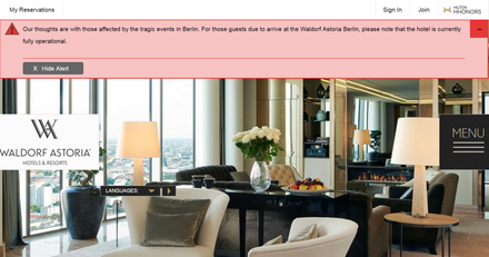 Fehlermeldung auf Website Waldorf Astoria