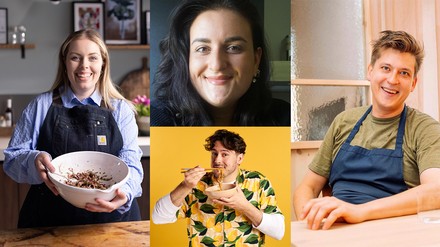 Gemeinsam mit diesen Content Creatorn dürfen die JRE-Köche jeweils einen Gang kreieren: Sandra Mühlberg, Isabella Condito, Anton Behnke und CrispyRob (Foto: © Jeunes Restaurateurs Deutschland)