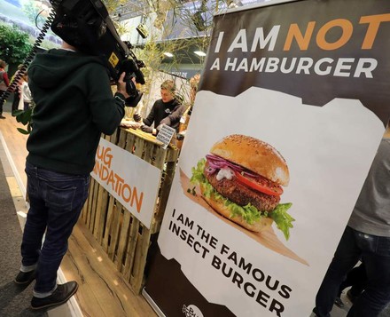 Ein Messestand bei den internationalen Grünen Wochen, der einen Insektenburger anbietet