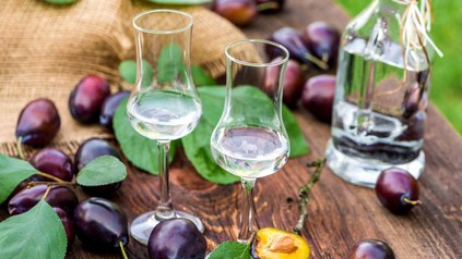 Obstler in Gläsern, die auf einem Holztisch mit Zwetschgen stehen