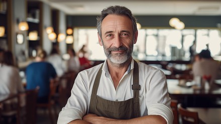Älterer Mann mit Kellner-Schürze in einem Restaurant