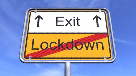 3d render of a traffic sign with the message lockdown and exit