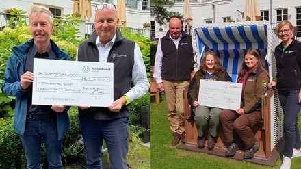 Kai Harmsen, Hoteldirektor im Strandhotel Zingst, Josephine Scheeler und Carla Linden von den Junior Rangern sowie Sandra Musil, Marketing Managerin im Strandhotel Zingst