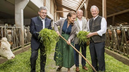 Sepp Schwaiger, Sarah Wiener, Christian Pöpperl und Gerhard Woerle bei der Stallarbeit