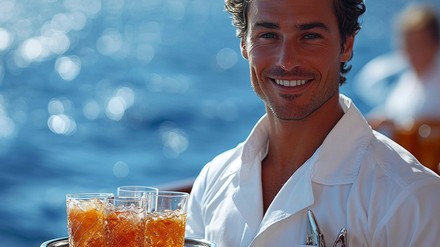 Service-Mitarbeiter auf einem Kreuzfahrtschiff, mit einem Tablett mit Drinks in der Hand.