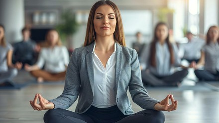 Junge Frau in Business-Kleidung sitzt in Yoga-Pose auf dem Fußboden, hinter ihr verschwommen sieht man noch mehr Frauen