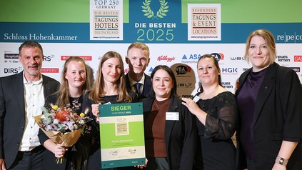 Martin Kirsch, links im Bild, und das Team von Schloss Hohenkammer freuen sich über den 1. Platz in der Kategorie „Konferenz“ als TOP 250 Tagungshotel