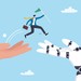 Grafik, ein Arbeitnehmer springt von einer natürlichen Hand auf eine Roboter-Hand