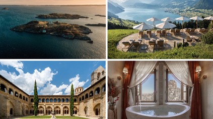 Von links nach rechts im Uhrzeigersinn: Lilløy Lindenberg, Hotel Villa Honegg, Via Regia Cappadocia, Castilla Termal  Monasterio de Valbuena