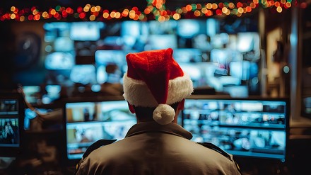 Mann mit Weihnachtsmütze sitzt vor vielen PCs. Man sieht ihn von hinten.