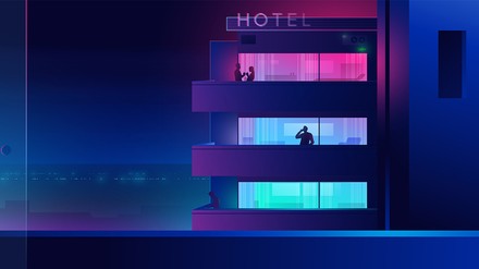 Futuristische Illustration eines Hotels bei Nacht mit beleuchteten Zimmern und Silhouetten von Gästen – Symbolbild für die Hotel-Zukunft 2035.