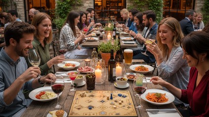Gesellige Runde in einem Restaurant Innenhof