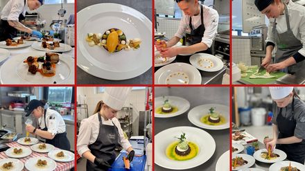 Kochauszubildende bereiten in drei Halbfinals des Rudolf Achenbach Preis verschiedene Gerichte in professionellen Küchen zu