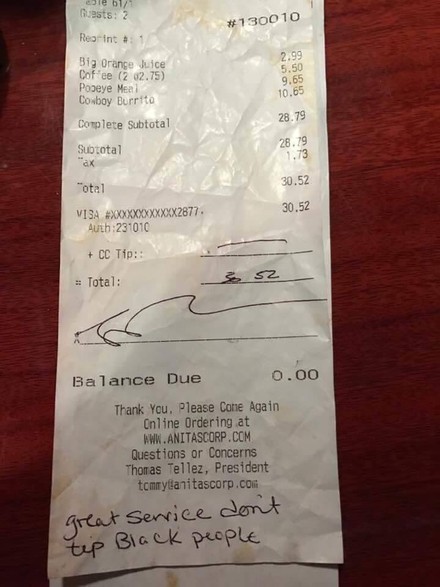 Kassenbon mit Notiz "Great service don't tip black people"