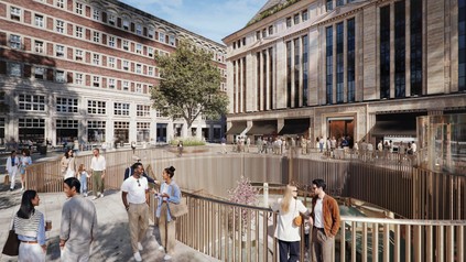 Visualisierung des revitalisierten Gebäudeensembles am Carsch-Haus in Düsseldorf mit neu gestaltetem Platz und historischen Fassaden.