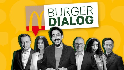 Gelbe McDonald’s-Grafik zum Burger Dialog mit sechs schwarz-weißen Porträts vor dem Schriftzug „Burger Dialog“