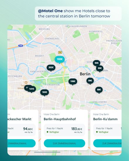 Screenshot der Motel-One-Hotelsuche in ChatGPT mit Kartenansicht und Hotelangeboten in Berlin.