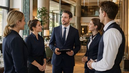 Neu beförderter Teamleiter bespricht sich vor dem Service mit Mitarbeitern in einem modernen Hotelrestaurant.