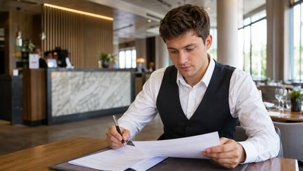 Mitarbeiter im Gastgewerbe prüft einen Arbeitsvertrag in einem Hotelrestaurant.