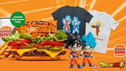 Burger King Dragon Ball Super Aktionsmenü mit Burger, Pommes, Sammelfiguren und T-Shirts