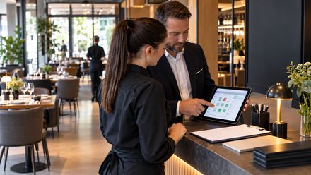 Restaurantleiter und Servicekraft besprechen an einem Tablet die Tischreservierungen für die nächste Schicht.