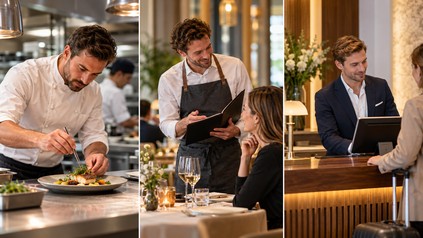 Koch beim Anrichten eines Gerichts, Servicemitarbeiter im Gespräch mit einem Gast und Rezeptionist am Hotelempfang.