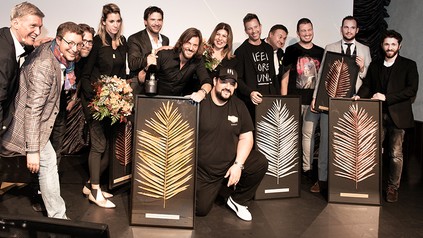 Gruppenfoto der Preisträger: Gold für Glorious Bastards (Deutschland/Österreich), Silber für Italian Edition (Ukraine) und Bronze für B.O.U.L.O.M. (Frankreich)