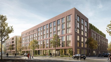 Bild der Außenfassade des neuen Aparthotels Adagio in Stuttgart am Neckarpark